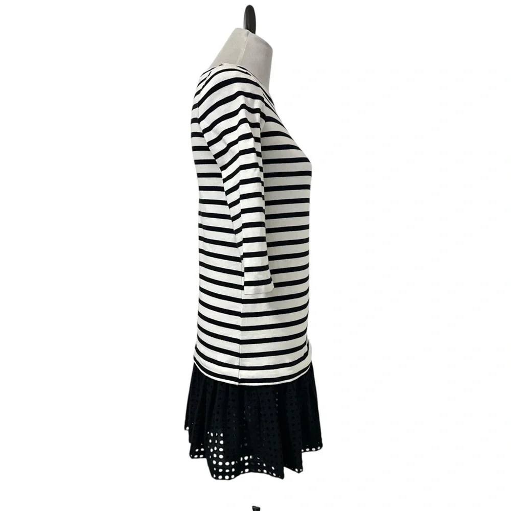 KATE SPADE Broome Street Womens Eyelet Stripe Dress Sz XS Black White Boat Neck